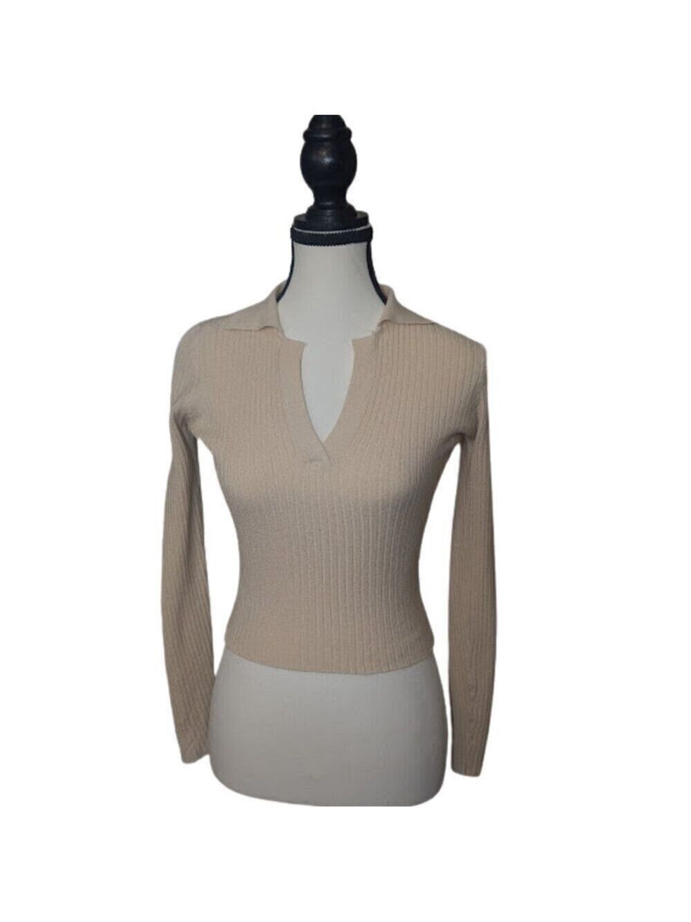 VRG GRL Ribbed Collared Knit Top | Neutral Beige Long Sleeve Minimalist Sweater